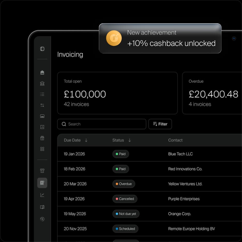 Incard invoicing dashboard with a new achievement unlocking 10% extra cashback
