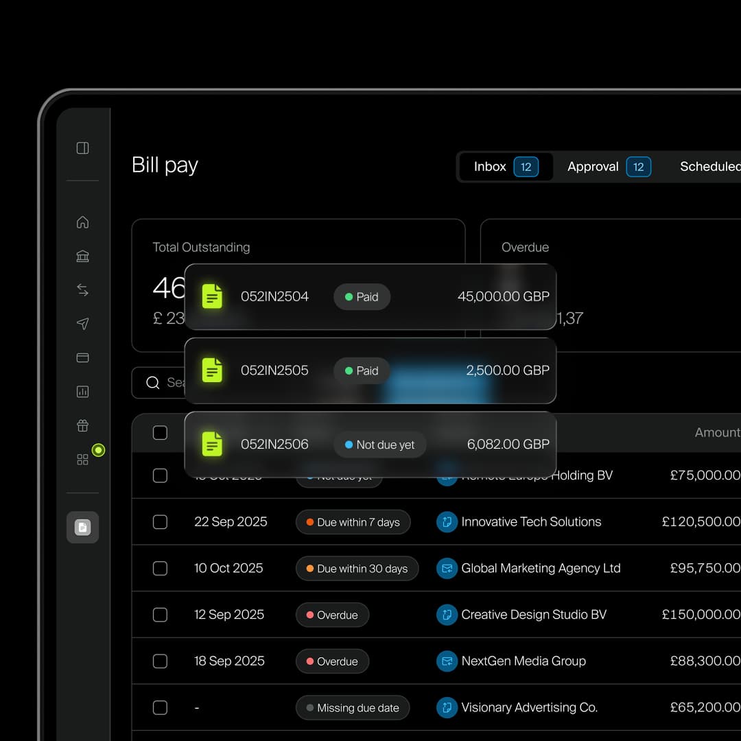 Incard Bill Pay dashboard with outstanding, overdue and paid invoices