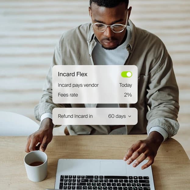 Person at a laptop with an Incard Flex toggle deferring repayment by 60 days