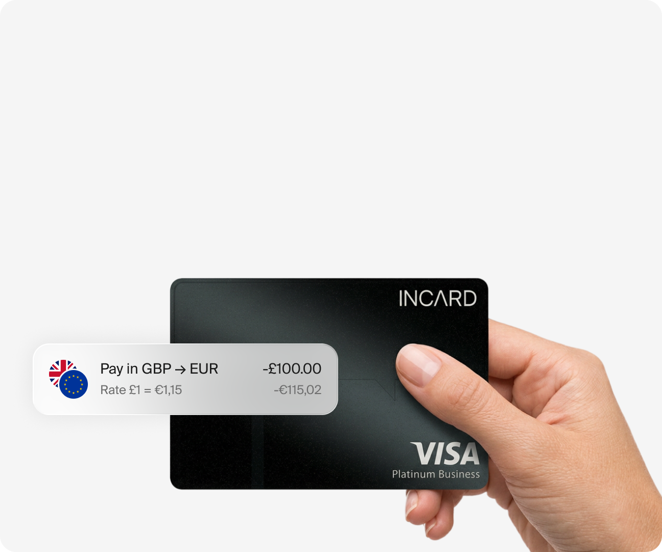 Hand holding an Incard Visa card with GBP to EUR FX conversion widget