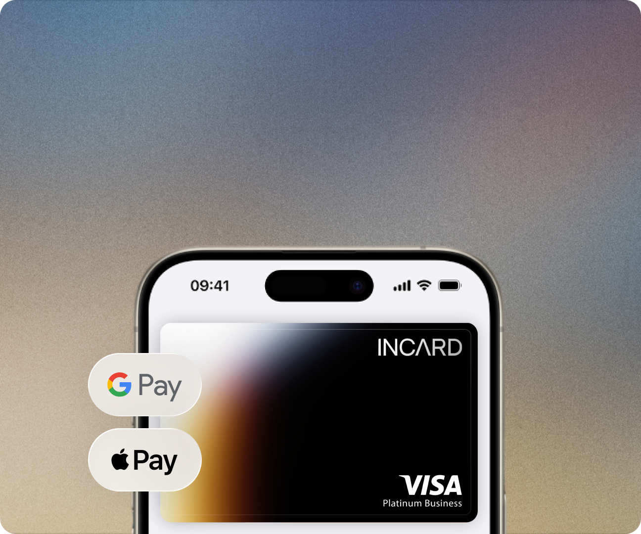 iPhone with Incard Visa card showing Apple Pay and Google Pay