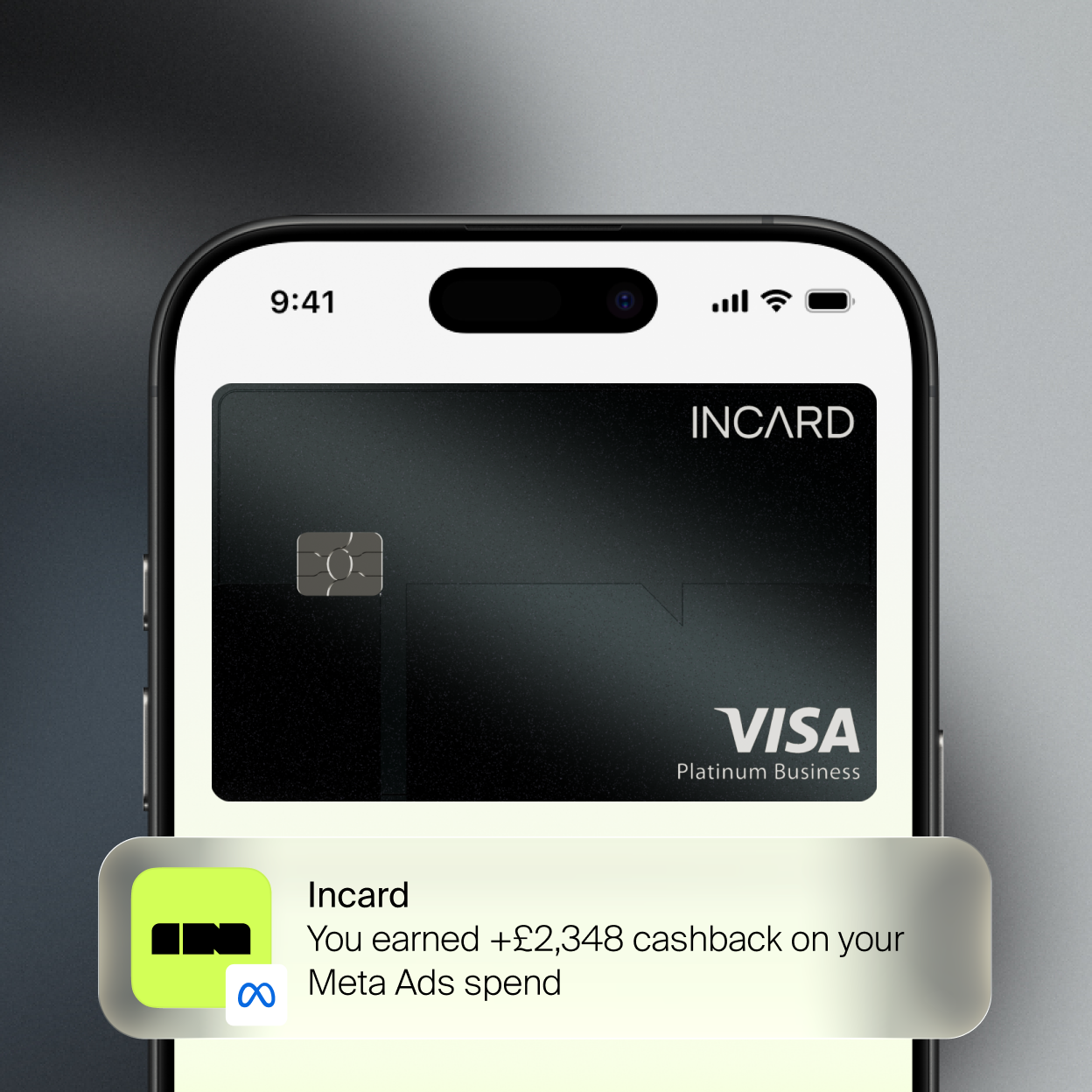 Phone showing Incard Visa Platinum card with cashback notification for Meta Ads spend